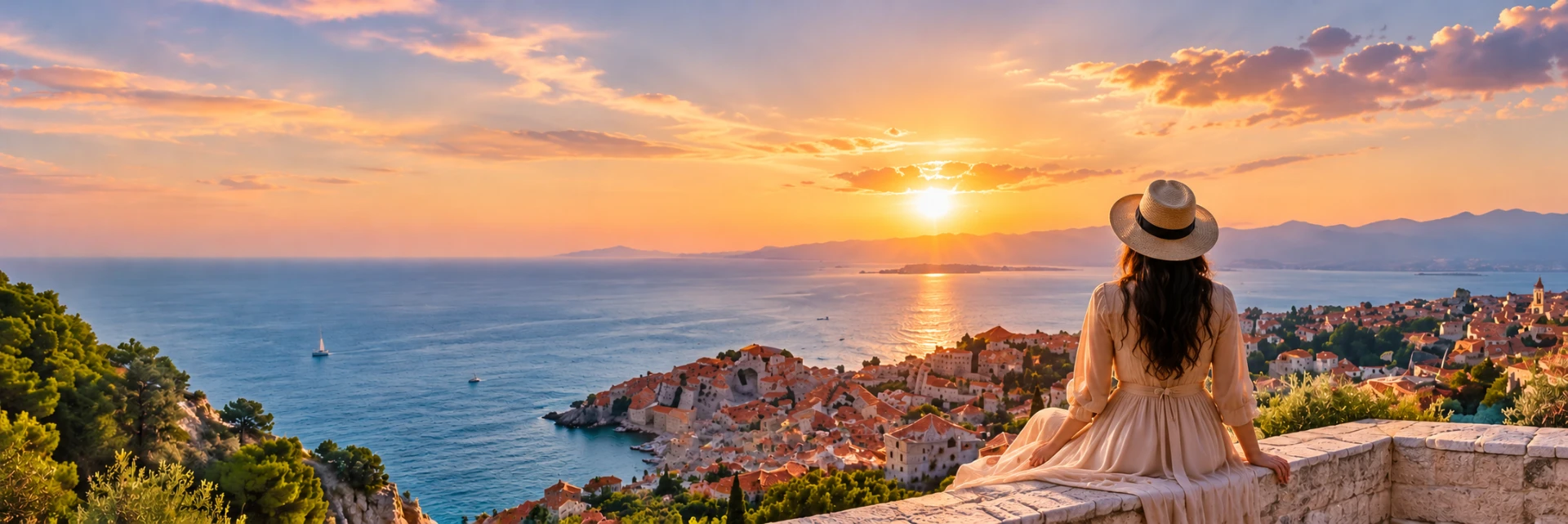 Traveler with a straw hat overlooking a coastal city at sunset