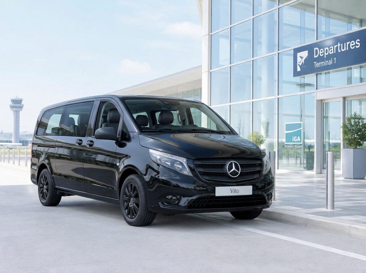 Black Mercedes Vito airport transfer van at Istanbul Airport terminal