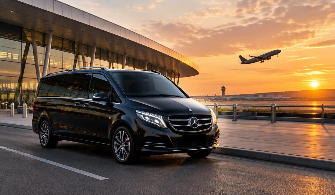 Luxury airport transfer van outside a terminal at sunset
