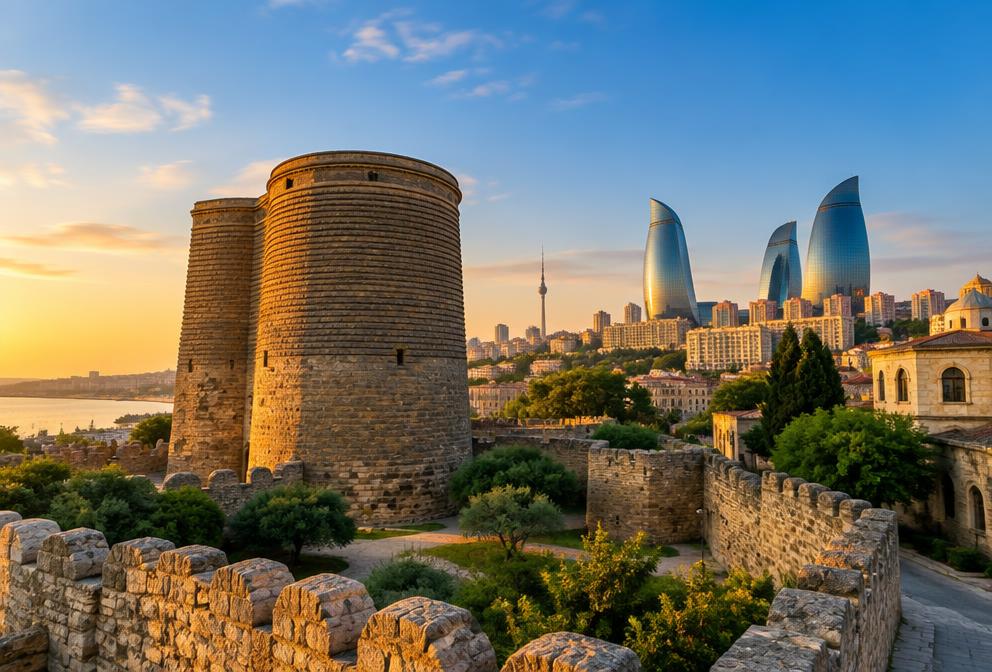 Maiden Tower and old city walls in Baku with Flame Towers behind