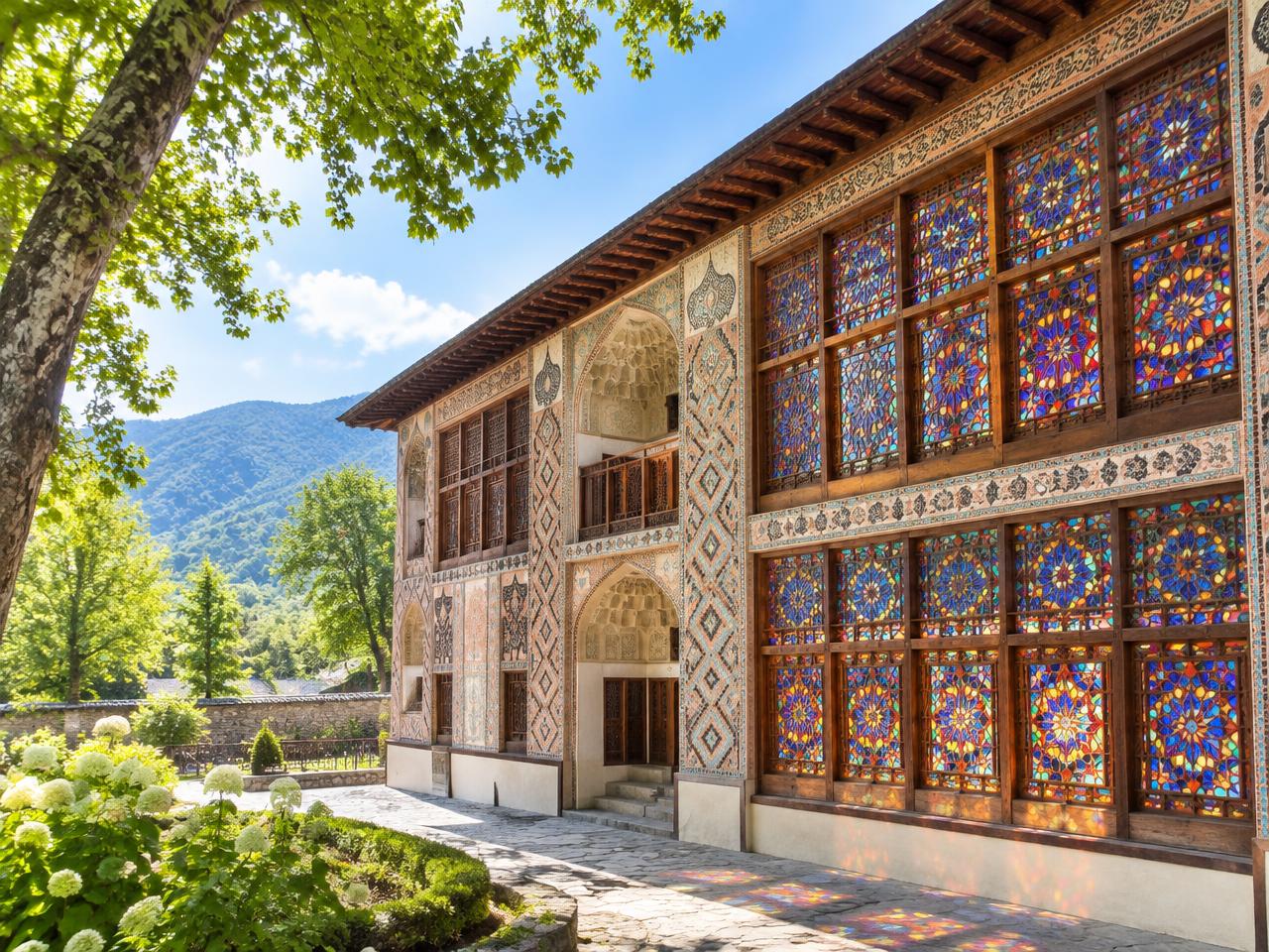 Ornate stained glass facade of Sheki Khan’s Palace in Azerbaijan