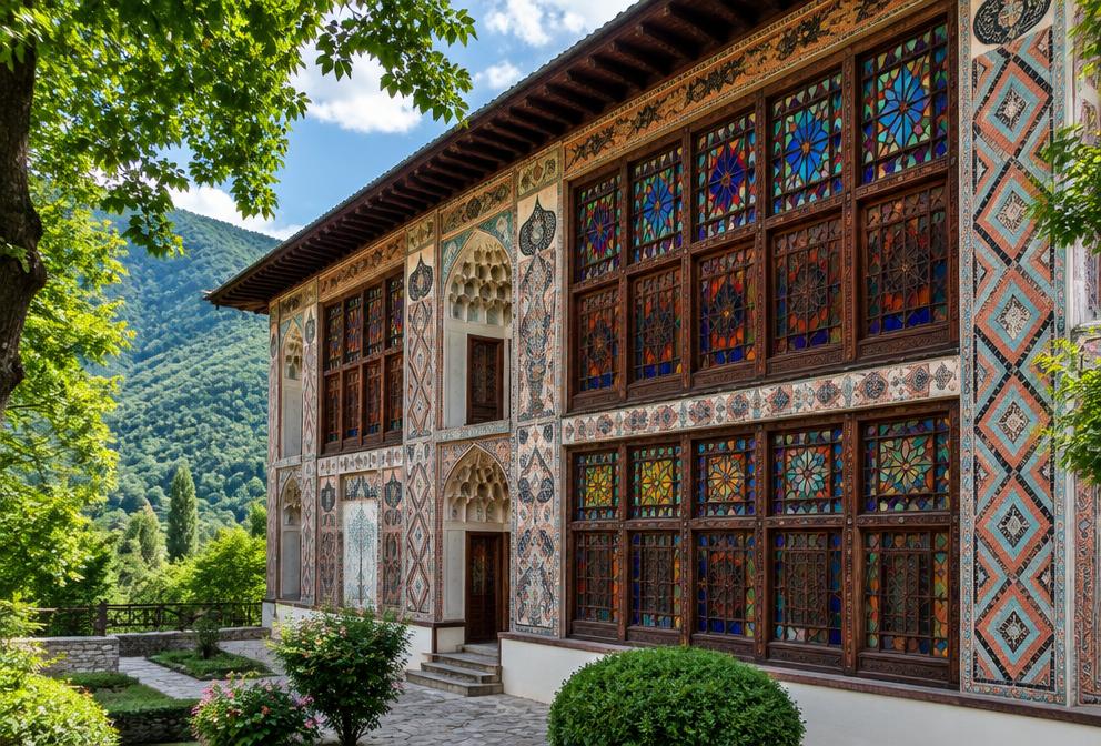 Ornate stained glass facade of Sheki Khan’s Palace in Azerbaijan