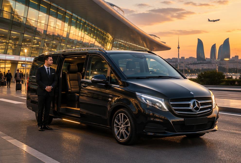 Chauffeur waiting by a luxury van outside Heydar Aliyev Airport in Baku