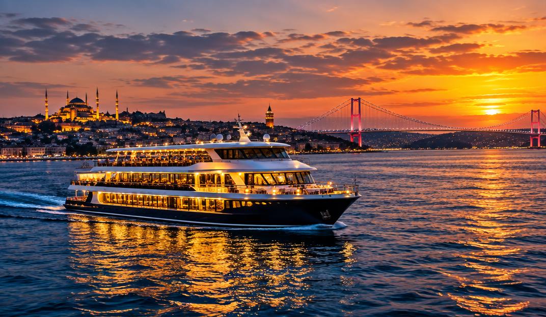 Illuminated dinner cruise sailing on the Bosphorus at sunset