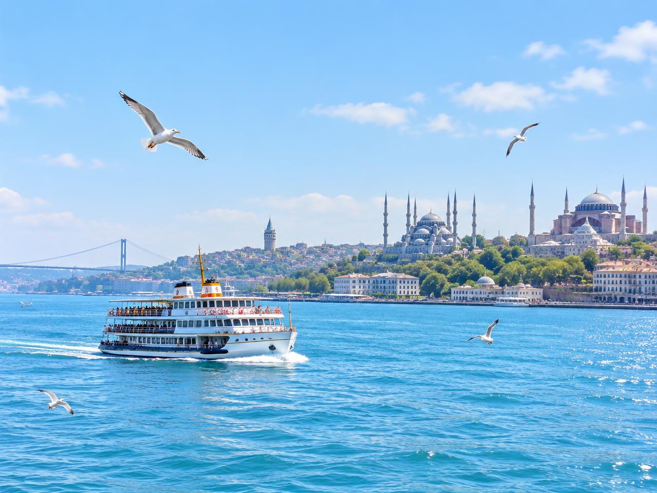 Illuminated dinner cruise sailing on the Bosphorus at sunset