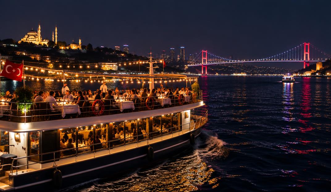 Illuminated dinner cruise boat on the Bosphorus at night