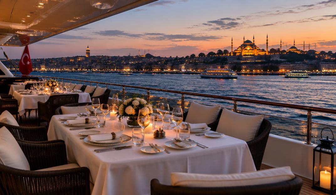 Premium dinner tables on a yacht deck at dusk overlooking Istanbul