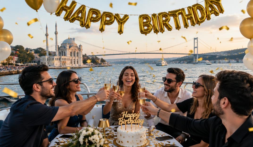 Birthday party with gold balloons on a Bosphorus boat