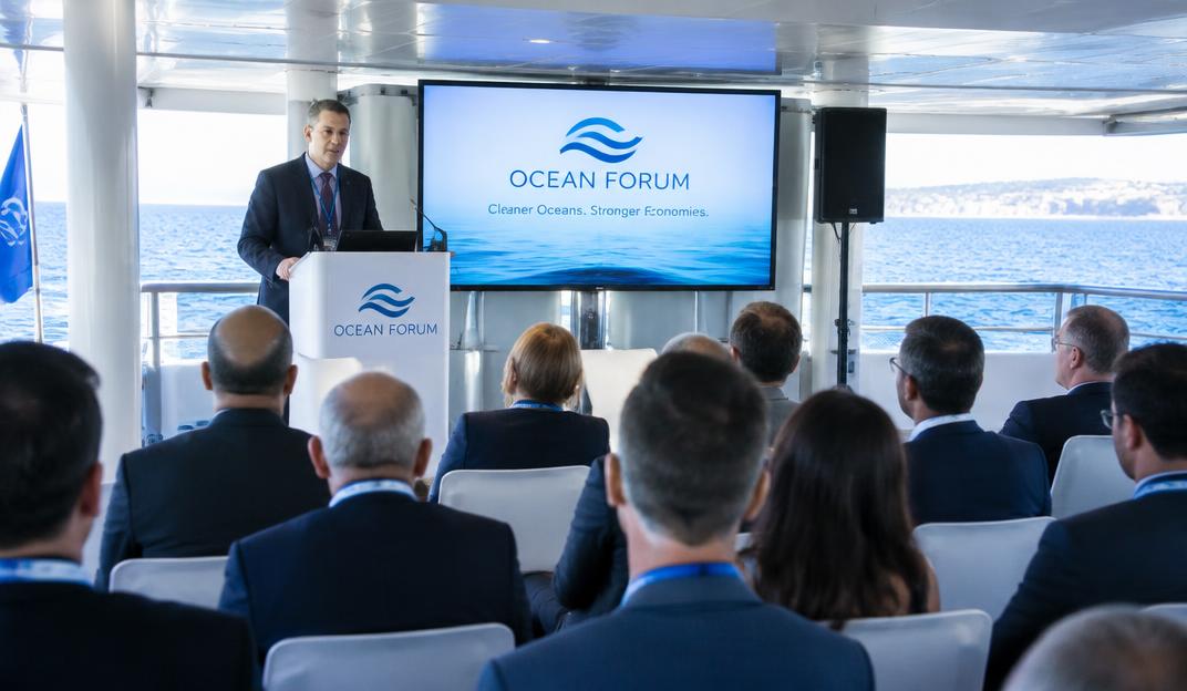 Conference on board with a speaker and audience