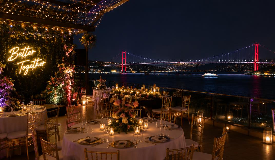 Decorated rooftop celebration venue at night