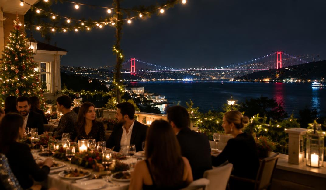 Festive dinner on an illuminated terrace above the Bosphorus