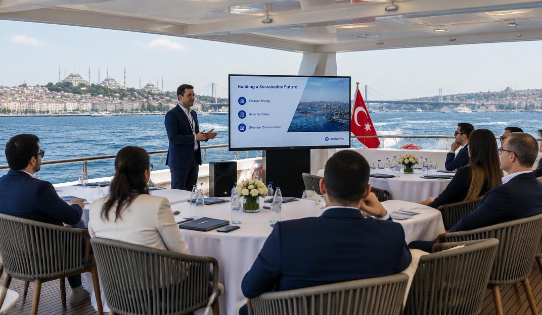 Business meeting on a yacht deck with a presentation screen