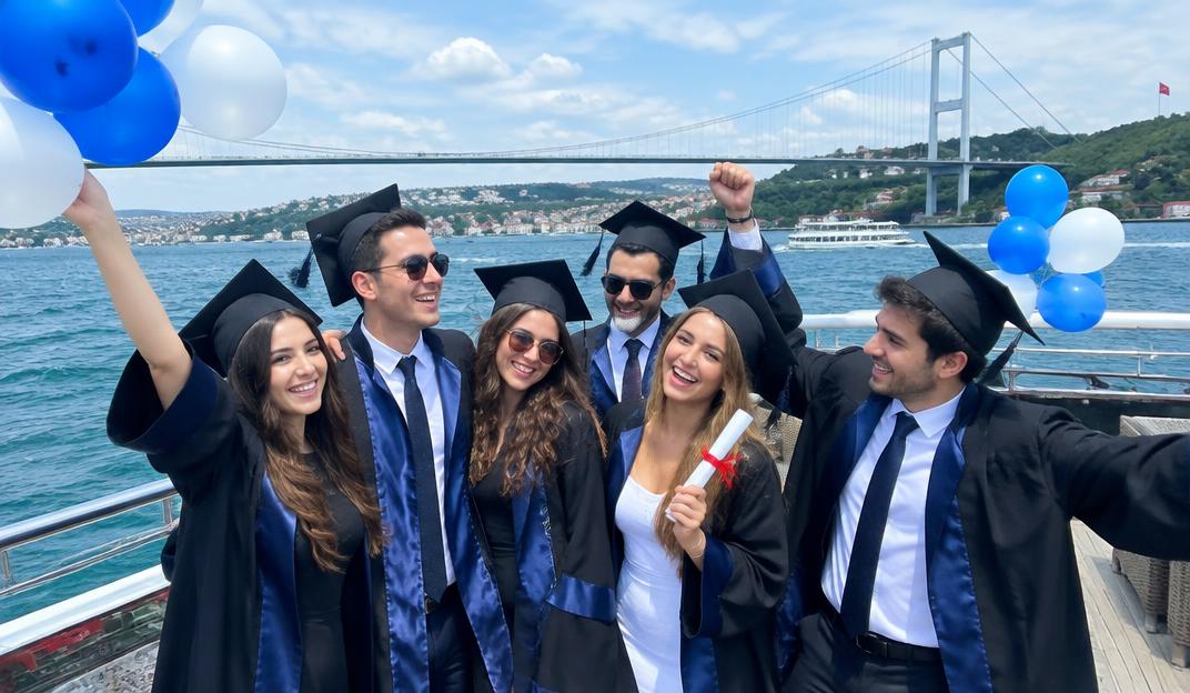 Graduates celebrating with balloons on a boat deck