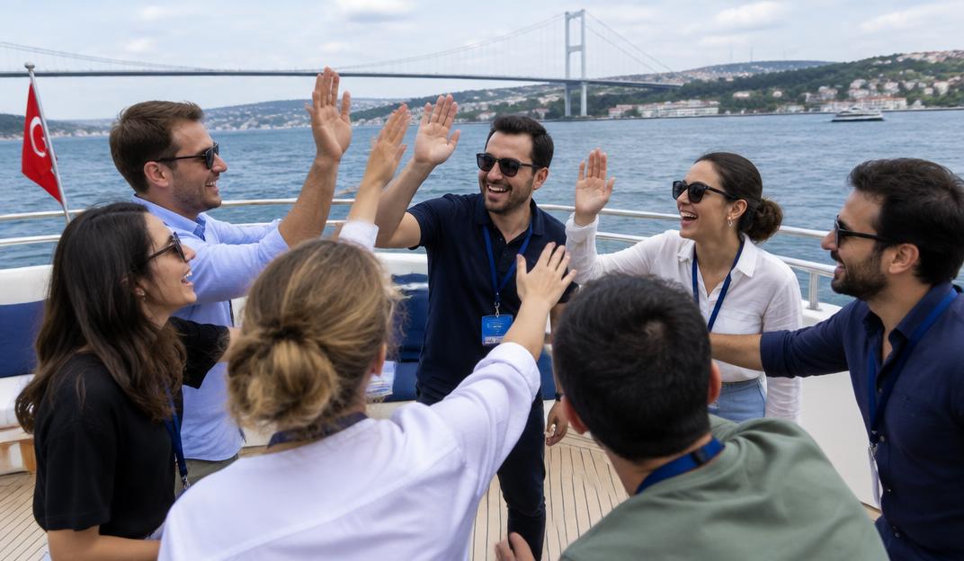 Colleagues high-fiving on a boat deck