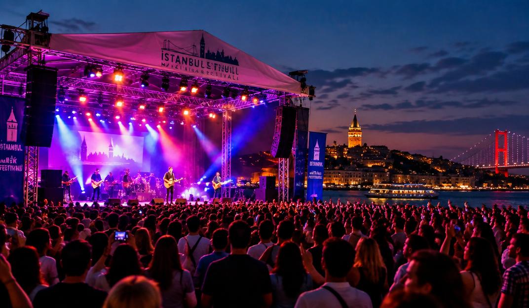 Evening music festival with a lit stage and crowd in Istanbul
