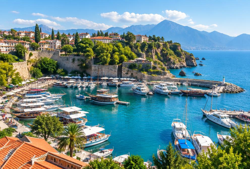Turquoise marina and historic old town in Antalya