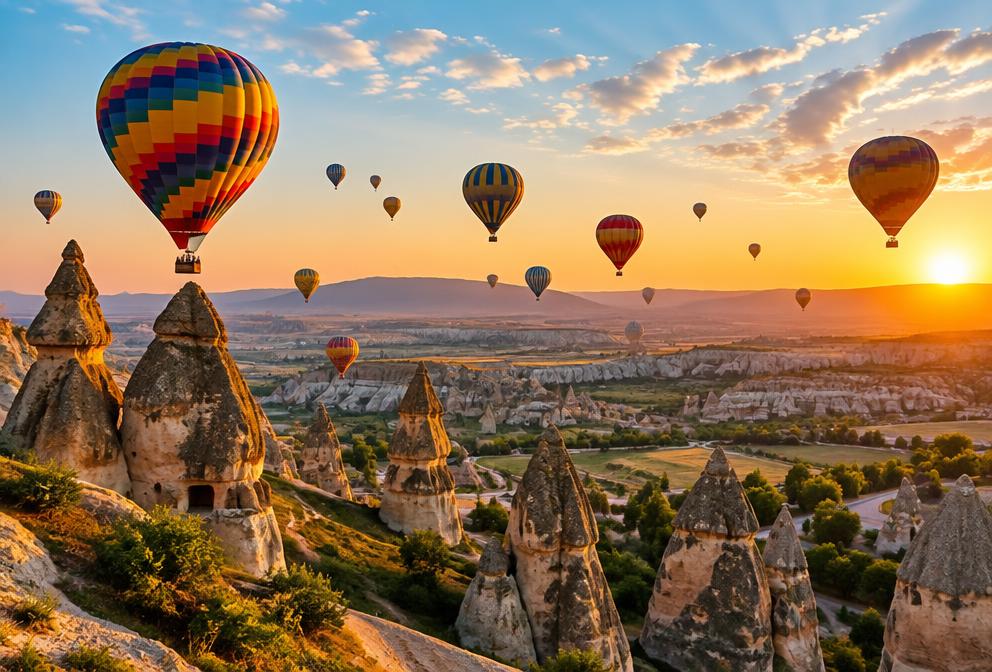 Hot air balloons flying over Cappadocia at sunrise