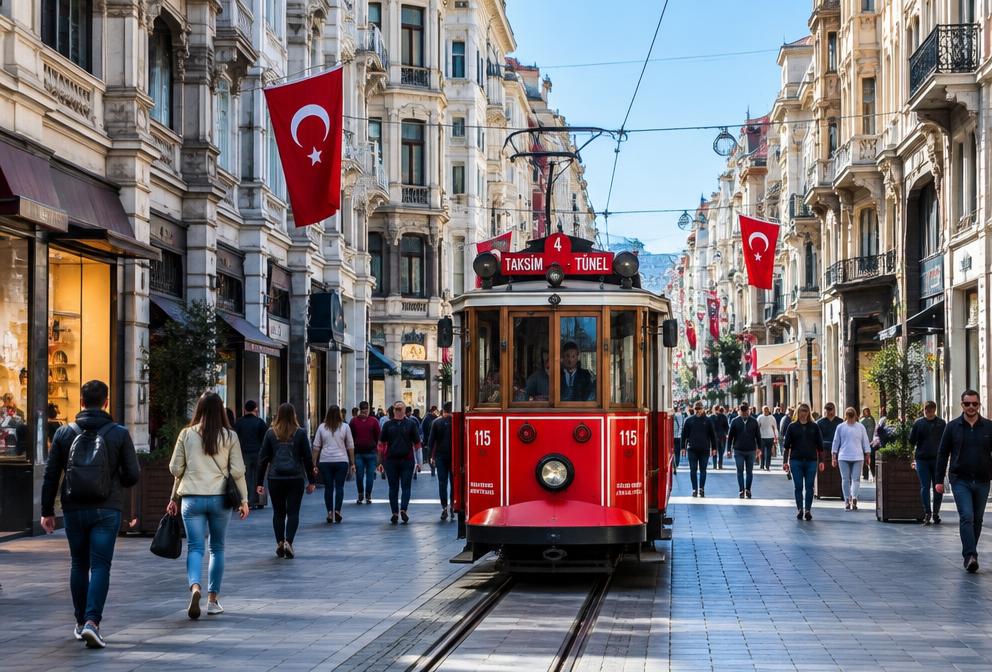 Historic red tram traveling along Istiklal Avenue in Istanbul