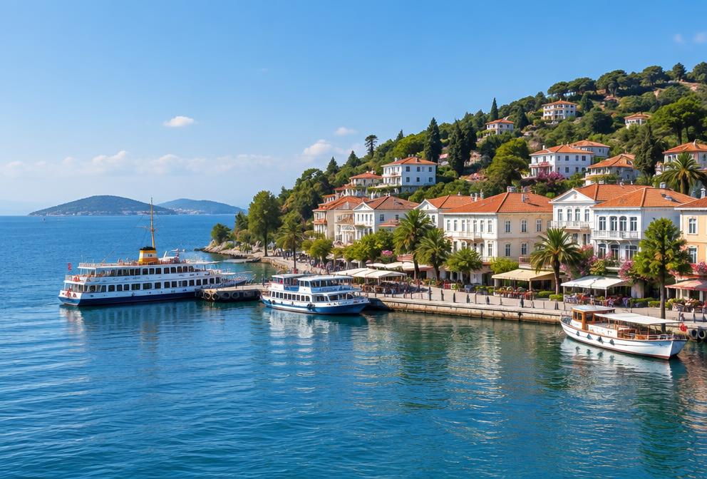 Ferries beside the waterfront houses of the Princes Islands