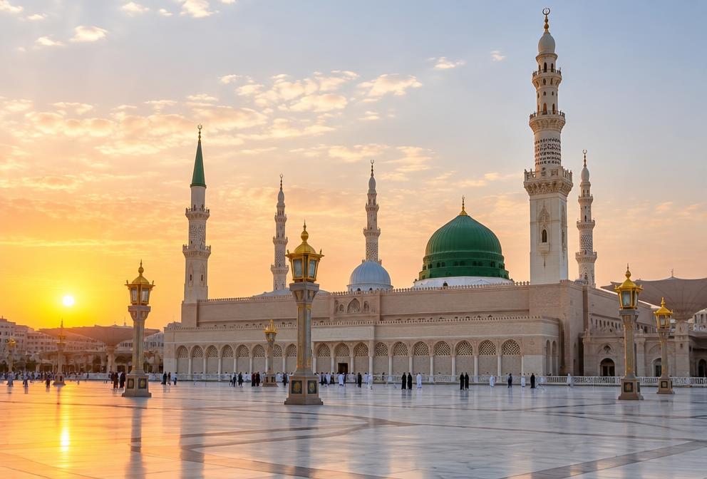 The green dome and minarets of Masjid an-Nabawi in Madinah at sunrise