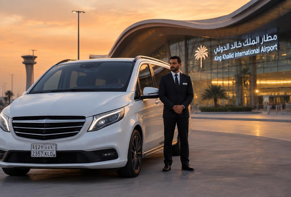Chauffeur waiting by a luxury van outside a Saudi airport terminal