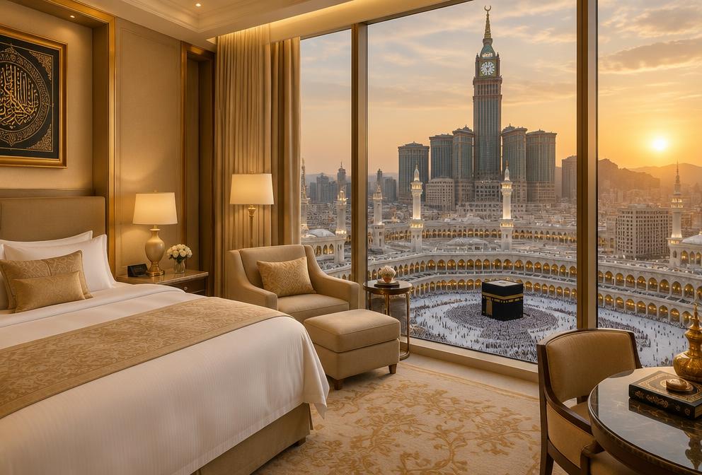 Elegant hotel room overlooking the Masjid al-Haram in Makkah
